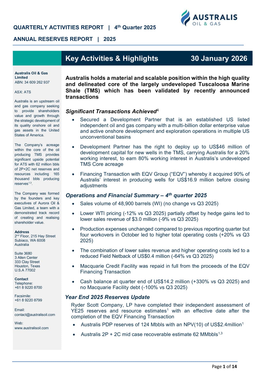 Quarterly Activities and Annual Reserves Report