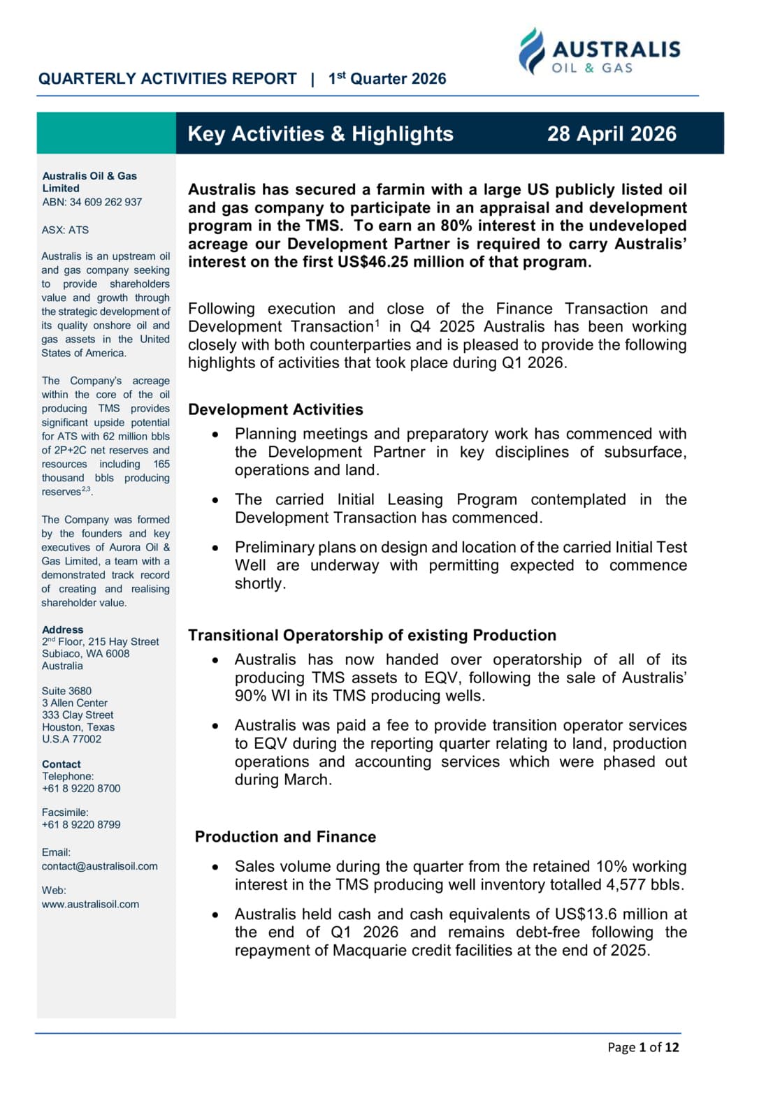 Quarterly Activities Report and Appendix 5B